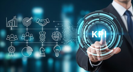 KPI Key Performance Indicators Concept with Futuristic Icons and Digital Dashboard