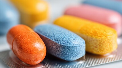 Various colorful capsules sit on a blister pack, glistening under bright light. Their vibrant hues suggest a range of medicinal purposes, promoting health and wellness.