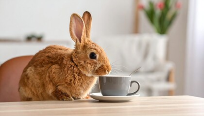 Fototapeta premium Adorable bunny sits beside a cup of tea