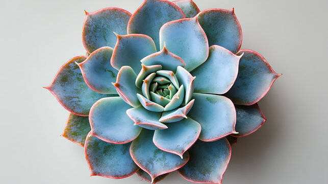 Close up overhead view of a beautiful blue green succulent plant with pink edges