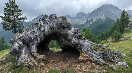Dramatic Outdoor Scene: Large Gnarled Tree Trunk Forms Natural Archway (With Moss) in Foreground, Breathtaking Mountain Landscape Under Cloudy Sky in Background
