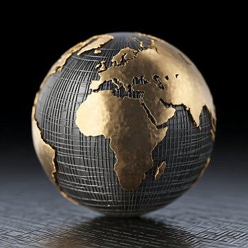  3D rendering of a metallic globe with gold contin