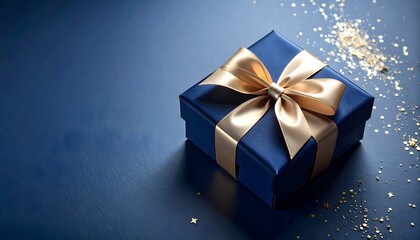 Obraz premium Caja de regalo azul con lazo dorado sobre fondo elegante con destellos brillantes, concepto de lujo y celebración