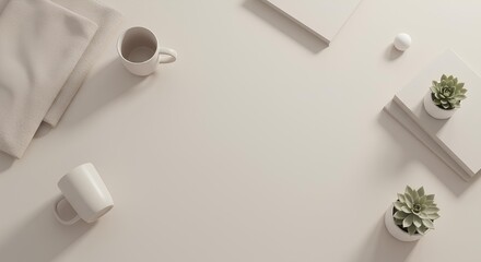 Abstract biege minimalist aethetic top down background with mug and plants