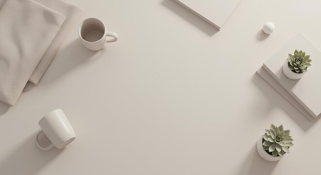 Abstract biege minimalist aethetic top down background with mug and plants