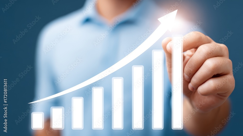 Poster businessman strategizing with graph analysis, visualizing data for market trends and investment insi