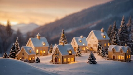 Fototapeta premium Pueblo nevado iluminado al atardecer con casas acogedoras y chimeneas humeantes en paisaje invernal de montaña