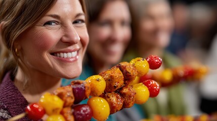 Happy Woman Holding Colorful Skewers at a Fun Gathering Event