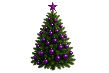 Christmas tree decorated with purple ornaments and a star, celebrating winter holidays and festive season, transparent background