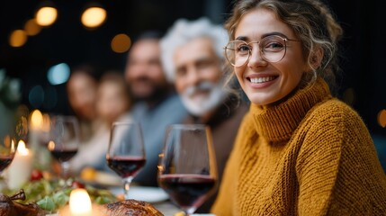 Warm Family Gathering with Smiling Woman at Festive Dinner Table