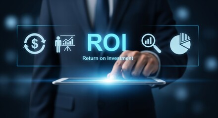 Fototapeta premium ROI Return on Investment Concept with Glowing Business Icons in Futuristic Digital Interface