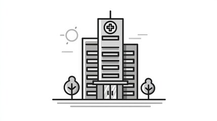 Simple, grayscale illustration of a hospital building