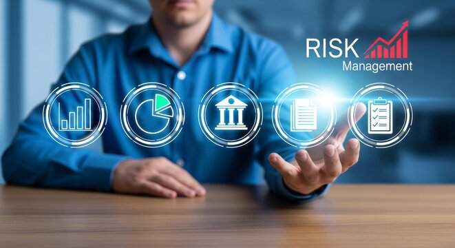 Risk Management Holographic Dashboard with Bar Chart, Pie Chart, Bank, Document and Checklist Icon