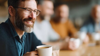 Smiling Man Holding Coffee Mug in Cozy Cafe with Friends