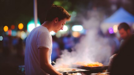 Young Chef Preparing Delicious Street Food at Night Market
