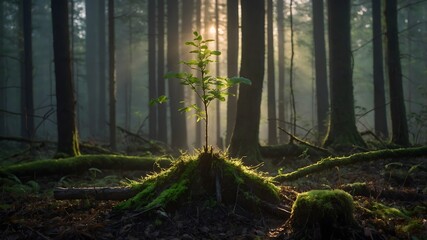 Brote de &aacute;rbol joven creciendo entre troncos en un bosque iluminado por el sol
