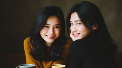Two Smiling Young Women Enjoying Time Together in a Cozy Setting