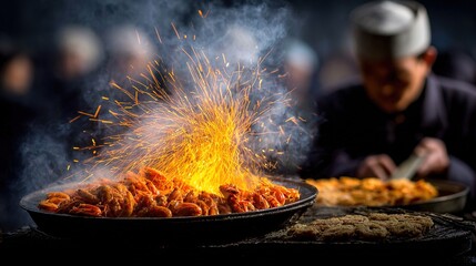 Vibrant Street Food Scene with Cooking Sparks and Delicious Shrimp