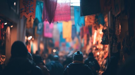 Vibrant Market Scene with Colorful Banners and Crowded Atmosphere