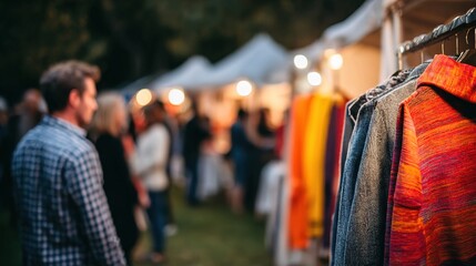 Vibrant Textile Showcase at Outdoor Market During Evening Event