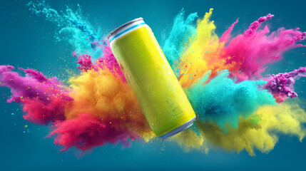 Yellow can colorful powder splash beverage drink blue background vibrant dynamic energy abstract. yellow can with colorful powder explosion