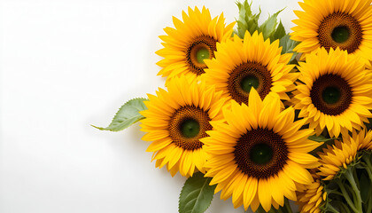 Fototapeta premium Bright Yellow Sunflowers with Green Leaves Against White Background