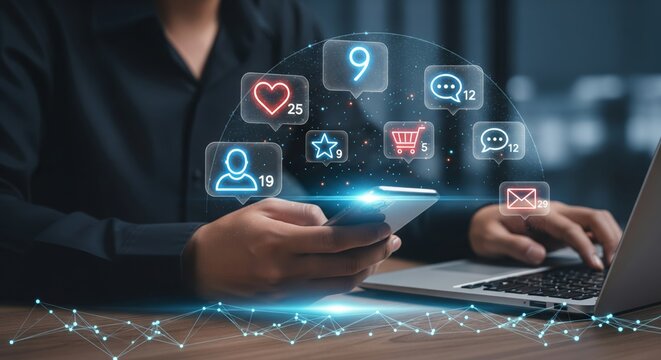 Social Media Notification Icons Floating Above Smartphone with Laptop in Futuristic Digital Concept