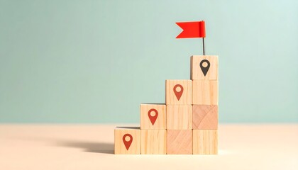 Bloques de madera en escalera con marcadores de ubicación y bandera roja en la cima simbolizando éxito y metas alcanzadas