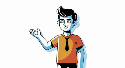 Illustration of a cartoon man greeting with a friendly gesture in a modern setting