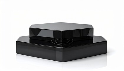 Glossy Black Geometric Podium on White Background