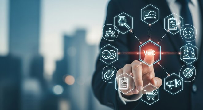 Voice of Customer (VoC) Hexagon Interface with Large Feedback & Analytics Icons — Customer Insights & Sentiment Analysis