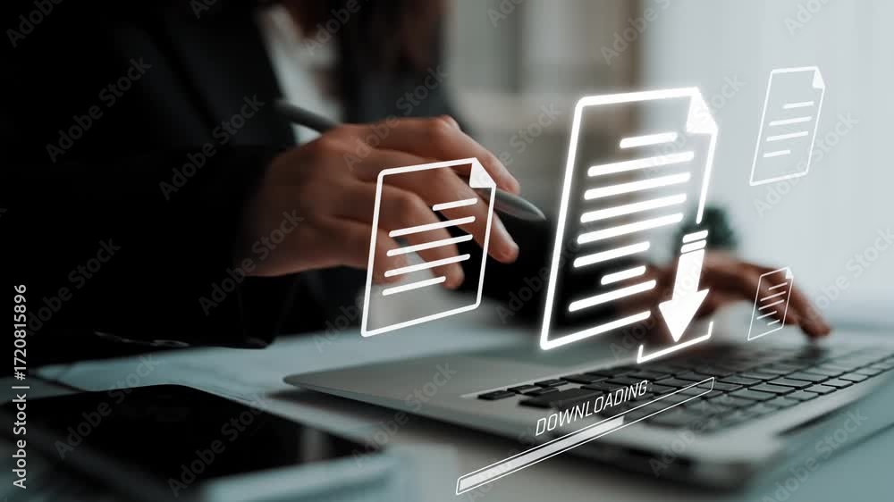 Poster visual representation of digital document downloading, showing file transfer, data access, and progr