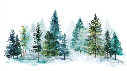 A group of diverse evergreen trees stands tall in a winter landscape, surrounded by a gentle blanket of snow. Soft light filters through the branches, creating a serene atmosphere.