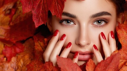A young woman displays vibrant red nails while gently cradling her face with her hands. She is enveloped by colorful autumn leaves, reflecting a serene nature vibe under warm sunlight.