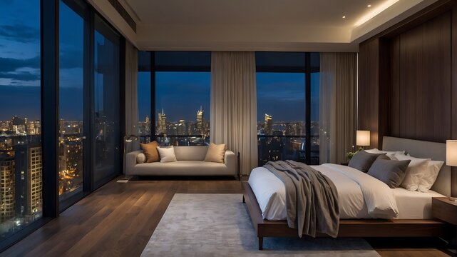 Dormitorio moderno de lujo con ventanales panor&aacute;micos y vistas nocturnas a la ciudad iluminada