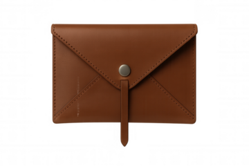 Brown leather wallet or pouch with snap button clasp and stitched envelope design, fashion accessory on transparent background