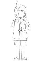 服を選んで着替えの準備をする子供を描いた白黒線画ベクターイラスト。ショッピングや日常生活、ファッション関連デザイン素材に適したシンプルな人物イラスト｜服,着替え