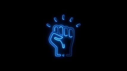 Illuminated blue neon fist icon on black background symbolizing strength and power