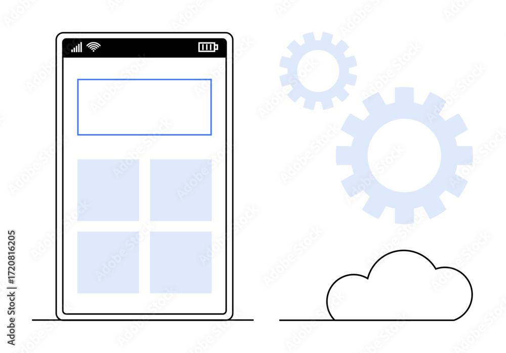 Poster smartphone interface with four app squares, cloud symbol, and gears representing system optimization