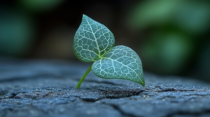 Close-Up of a Vibrant Small Green Plant (With Two Leaves): Delicate Complex White Vein Patterns on Leaves, Growing from a Cracked Dark Gray Textured Surface