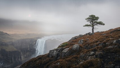 Majestic waterfall cascading down a dramatic cliff face, a solitary pine tree perched atop a rocky outcrop against a hazy, overcast sky.