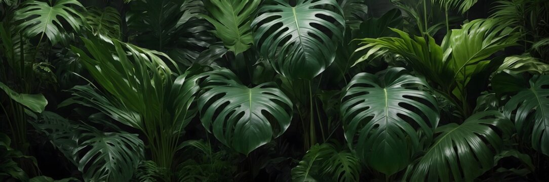 Fondo tropical oscuro con hojas verdes de monstera en estilo ex&oacute;tico y natural
