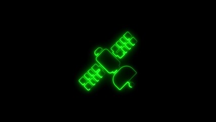 Green neon outline of a satellite floating against a dark black background