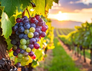 Naklejka premium Vineyard grapes at sunset