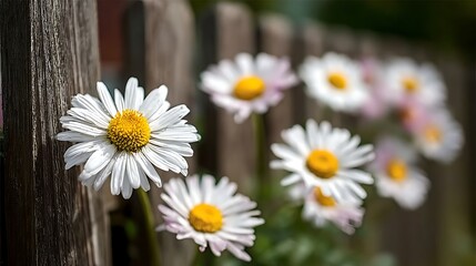 Fototapeta premium White daisies bloom by a rustic wooden fence in soft sunlight.