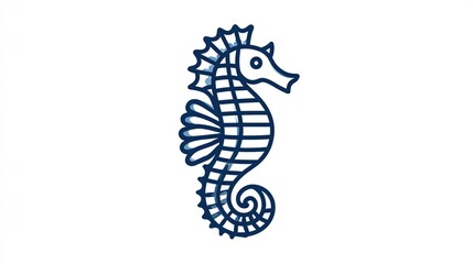 A stylized, dark-blue line drawing of a seahorse against a white background. The seahorse is depicted in profile view, with detailed fin and body patterns, showing a curved tail and a textured mane