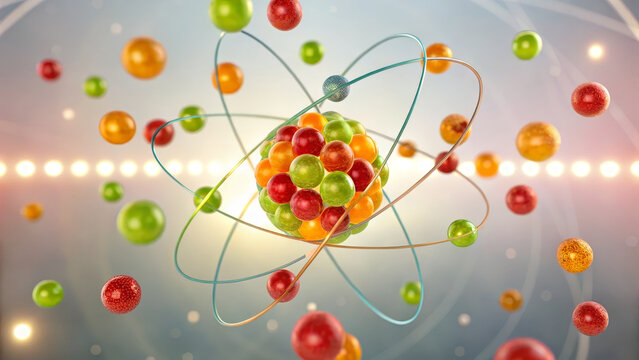 Colorful micro nutrient orbiting nucleus with energetic motion and dynamic glow