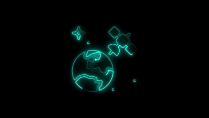 Neon style illustration depicting earth and satellite orbiting in the dark black space