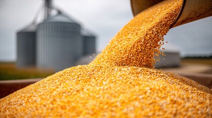 Golden corn kernels pour from a chute with grain silos in the background on a farm