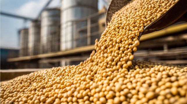 Golden soybeans being poured in bulk at an industrial processing facility, with silos visible in the background